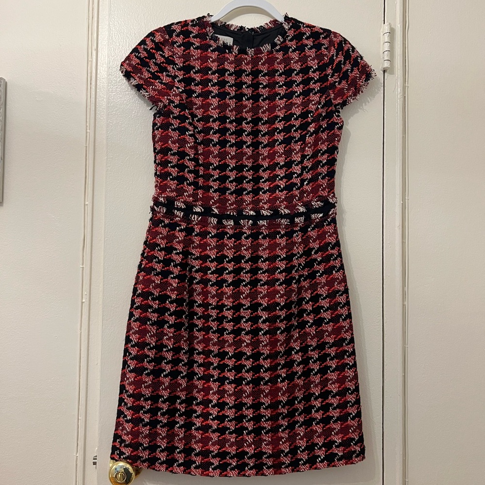 Hobbs London Work Dress Short Sleeve Red Black White Woven Pattern US Size 6
